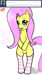 Size: 651x1162 | Tagged: safe, artist:psychoticmindsystem, edit, character:fluttershy, ask, askflutterfuckershy, blushing, clothing, explicit source, female, socks, solo, striped socks, tumblr