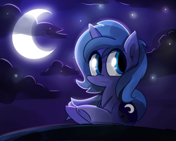 Size: 2000x1600 | Tagged: safe, artist:kty159, character:princess luna, species:pony, species:unicorn, chibi, cloud, cloudy, crescent moon, female, filly, looking back, moon, night, night sky, sitting, sky, solo, starry night, transparent moon, underhoof, woona, younger