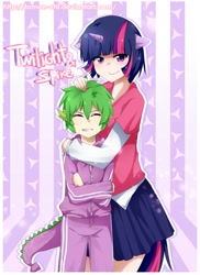 Size: 640x880 | Tagged: dead source, safe, artist:tomoe-chi, character:spike, character:twilight sparkle, clothing, eared humanization, horned humanization, hug, humanized, spikelove, tailed humanization