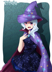 Size: 643x880 | Tagged: dead source, safe, artist:tomoe-chi, character:trixie, breasts, cape, clothing, female, hat, humanized, open mouth, solo, trixie's cape, trixie's hat
