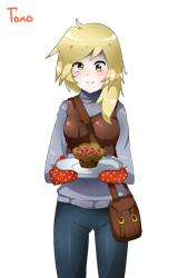 Size: 570x890 | Tagged: dead source, safe, artist:tomoe-chi, character:derpy hooves, bag, clothing, female, humanized, muffin, plate, solo