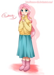 Size: 871x1200 | Tagged: dead source, safe, artist:tomoe-chi, character:fluttershy, species:human, boots, breasts, clothing, female, humanized, long skirt, shoes, skirt, solo, sweater, sweatershy