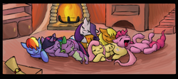 Size: 900x398 | Tagged: safe, artist:bootsa81, character:applejack, character:fluttershy, character:pinkie pie, character:rainbow dash, character:rarity, character:spike, character:twilight sparkle, cuddle puddle, cute, mane seven, mane six, sleep pile, sleeping, sleepover