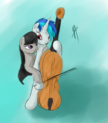 Size: 769x868 | Tagged: safe, artist:vabla, character:dj pon-3, character:octavia melody, character:vinyl scratch, ship:scratchtavia, cello, female, lesbian, musical instrument, shipping