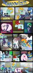 Size: 607x1314 | Tagged: safe, artist:pipersack, character:lightning dust, character:soarin', character:spitfire, oc, oc:fluffle puff, oc:snowdrop, daredevil, shadowbolts