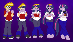 Size: 1000x578 | Tagged: safe, artist:akuoreo, character:doctor whooves, character:time turner, character:twilight sparkle, species:anthro, clothing, glasses, happy, human to anthro, human to pony, jeans, rule 63, smiling, solo, t-shirt, transformation, transgender transformation