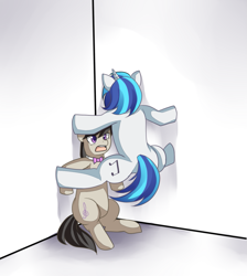 Size: 1175x1309 | Tagged: safe, artist:meewin, character:dj pon-3, character:octavia melody, character:vinyl scratch, species:pony, bipedal, cicada block, kabedon, open mouth, stretching, unamused