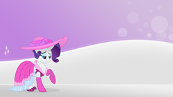 Size: 1920x1080 | Tagged: safe, artist:phantombadger, character:rarity, species:pony, species:unicorn, clothing, cutie mark, dress, eyeshadow, female, grin, hat, lidded eyes, makeup, mare, raised hoof, smiling, solo, vector, wallpaper