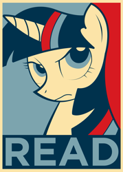Size: 1301x1821 | Tagged: dead source, safe, artist:equestria-election, character:twilight sparkle, female, hope poster, poster, propaganda, read, shepard fairey, solo