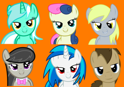 Size: 2342x1638 | Tagged: dead source, safe, artist:eruvon, character:bon bon, character:derpy hooves, character:dj pon-3, character:doctor whooves, character:lyra heartstrings, character:octavia melody, character:sweetie drops, character:time turner, character:vinyl scratch, species:earth pony, species:pegasus, species:pony, species:unicorn, background six, bedroom eyes, orange background, simple background