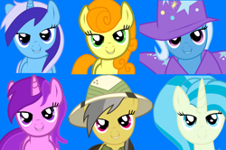 Size: 2352x1564 | Tagged: dead source, safe, artist:eruvon, character:allie way, character:amethyst star, character:carrot top, character:daring do, character:golden harvest, character:minuette, character:trixie, bedroom eyes