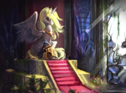 Size: 1000x744 | Tagged: safe, artist:bloodrizer, character:derpy hooves, species:alicorn, species:pony, alicornified, derpicorn, female, helmet, looking at you, muffin queen, race swap, ruins, sitting, smiling, solo, spread wings, throne, wings