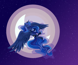 Size: 1024x853 | Tagged: safe, artist:creamy_roux, character:princess luna, species:alicorn, species:pony, eyes closed, female, flying, jewelry, mare, moon, night, regalia, sky, smiling, solo, spread wings, stars, wings