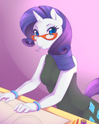 Size: 750x938 | Tagged: safe, artist:spazzykoneko, character:rarity, species:anthro, female, glasses, sewing, solo, working