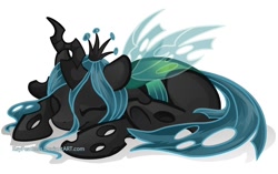 Size: 1000x626 | Tagged: safe, artist:keyfeathers, character:queen chrysalis, species:changeling, changeling queen, cute, cutealis, female, sleeping, solo