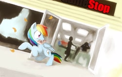Size: 2597x1646 | Tagged: dead source, safe, artist:themightycoolblender, character:rainbow dash, gamestop, hello kitty, looking back, rearing, sanrio, stealing