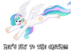 Size: 960x720 | Tagged: safe, artist:meewin, character:princess celestia, species:alicorn, species:pony, angry, fangs, female, floppy ears, flying, frown, glare, let's fly to the castle, mare, open mouth, simple background, solo, spread wings, text, white background, wings