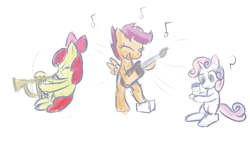 Size: 1920x1110 | Tagged: safe, artist:naterrang, character:apple bloom, character:scootaloo, character:sweetie belle, band geeks, cutie mark crusaders, guitar, mayonnaise, music, musical instrument, sketch, spongebob squarepants, trumpet