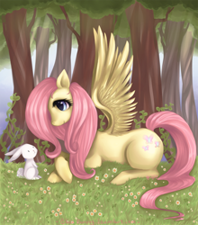 Size: 900x1024 | Tagged: dead source, safe, artist:felynea, character:angel bunny, character:fluttershy, species:pegasus, species:pony, colored pupils, duo, female, forest, grass, mare, prone, spread wings, wings, wrong eye color