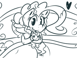 Size: 660x496 | Tagged: safe, artist:strabarybrick, character:pinkie pie, bed, cute, female, grin, heart, hug, lineart, looking at you, monochrome, plushie, sketch, smiling, solo