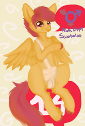 Size: 697x1039 | Tagged: safe, artist:coppahhead, character:scootaloo, species:pony, ask, ask ftm scootaloo, bandage, breast binding, colt, hooves, male, pride, solo, trans male, trans stallion scootaloo, transgender