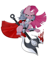 Size: 4500x5700 | Tagged: safe, artist:ostichristian, character:pinkamena diane pie, character:pinkie pie, absurd resolution, armor, axe, battle axe, blood, clothing, crossover, darius, female, league of legends, simple background, solo, transparent background