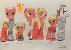 Size: 1024x730 | Tagged: safe, artist:qemma, :|, a song of ice and fire, annoyed, armor, beard, bedroom eyes, cersei lannister, clothing, dress, eye contact, facial hair, family photo, frown, game of thrones, glare, jaime lannister, jewelry, joffrey baratheon, lidded eyes, looking at each other, necklace, ponified, raised hoof, sandor clegane, smiling, smirk, the hound, traditional art, tyrion lannister, tywin lannister, unamused