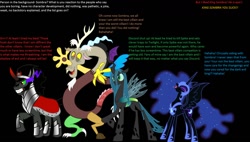 Size: 1186x674 | Tagged: safe, artist:nukarulesthehouse1, character:discord, character:king sombra, character:nightmare moon, character:princess luna, character:queen chrysalis, antagonist, dialogue, discussion, text