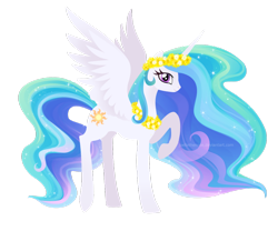Size: 1024x853 | Tagged: safe, artist:creamy_roux, character:princess celestia, species:alicorn, species:pony, female, flower, lei, lineless, looking at you, mare, profile, raised hoof, raised leg, simple background, smiling, solo, spread wings, wings