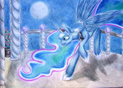 Size: 2515x1787 | Tagged: safe, artist:iceminth, character:princess luna, balcony, female, moon, night, solo, traditional art