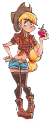 Size: 900x2113 | Tagged: safe, artist:akikodestroyer, character:applejack, applejack's hat, belly button, boots, clothing, cowboy boots, cowboy hat, daisy dukes, female, front knot midriff, hat, humanized, midriff, obligatory apple, simple background, solo, traditional art