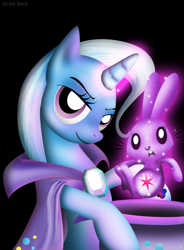Size: 1661x2252 | Tagged: safe, artist:giuliabeck, character:trixie, character:twilight sparkle, species:pony, species:rabbit, species:unicorn, g4, black background, bunnified, bunny sparkle, female, looking at you, magic, magic trick, mare, photoshop, simple background, species swap