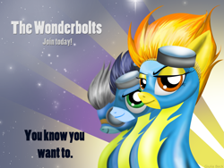 Size: 2583x1946 | Tagged: safe, artist:giuliabeck, character:fleetfoot, character:soarin', character:spitfire, species:pegasus, species:pony, g4, abstract background, female, male, mare, photoshop, poster, propaganda, stallion, wonderbolts
