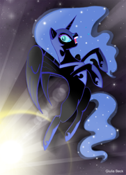 Size: 590x813 | Tagged: safe, artist:giuliabeck, character:nightmare moon, character:princess luna, species:alicorn, species:pony, g4, female, flying, mare, nightmare night, photoshop, scared, solo