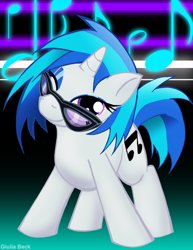 Size: 700x909 | Tagged: safe, artist:giuliabeck, character:dj pon-3, character:vinyl scratch, species:pony, species:unicorn, female, glasses, mare, music notes, photoshop, solo