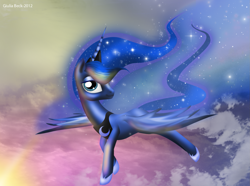 Size: 1955x1452 | Tagged: safe, artist:giuliabeck, character:princess luna, species:alicorn, species:pony, g4, female, flying, mare, photoshop, sky, solo