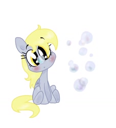 Size: 1300x1430 | Tagged: safe, artist:mcnuggyy, character:derpy hooves, species:pegasus, species:pony, g4, bubble, female, filly, foal, head tilt, simple background, sitting, solo, white background
