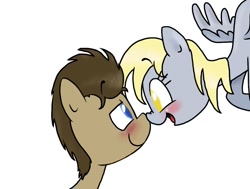 Size: 1100x830 | Tagged: safe, artist:mcnuggyy, character:derpy hooves, character:doctor whooves, character:time turner, species:earth pony, species:pegasus, species:pony, ship:doctorderpy, g4, blushing, boop, colored pupils, eye contact, female, flying, looking at each other, male, mare, noseboop, shipping, simple background, stallion, straight, white background