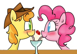 Size: 1000x700 | Tagged: safe, artist:mcnuggyy, character:braeburn, character:pinkie pie, species:earth pony, species:pony, ship:braepie, g4, blushing, colored pupils, eye contact, female, ice cream, looking at each other, male, mare, rarepair, sharing a drink, shipping, simple background, stallion, straight
