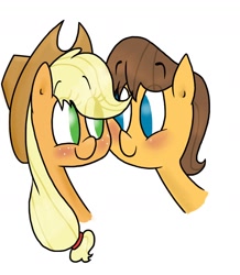 Size: 900x1030 | Tagged: safe, artist:mcnuggyy, character:applejack, character:caramel, species:earth pony, species:pony, ship:carajack, g4, blushing, bust, eye clipping through hair, eye contact, eyebrows, eyebrows visible through hair, female, looking at each other, male, mare, no pupils, shipping, simple background, stallion, straight, three quarter view, white background