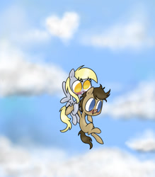 Size: 1600x1830 | Tagged: safe, artist:mcnuggyy, character:derpy hooves, character:doctor whooves, character:time turner, species:earth pony, species:pegasus, species:pony, ship:doctorderpy, g4, blushing, carrying, cloud, cloudy, female, flying, happy, male, mare, no pupils, shipping, sky, stallion, straight