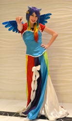 Size: 2760x4664 | Tagged: safe, artist:rougeleaderred, character:rainbow dash, species:human, clothing, cosplay, dress, ears, element of loyalty, gala dress, irl, irl human, necklace, photo, solo, wings