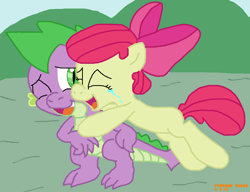 Size: 1292x990 | Tagged: safe, artist:tagman007, character:apple bloom, character:spike, species:dragon, species:earth pony, species:pony, ship:spikebloom, episode:dragon quest, g4, my little pony: friendship is magic, alternate ending, blank flank, crying, female, filly, hug, jumping, male, shipping, straight, tears of joy