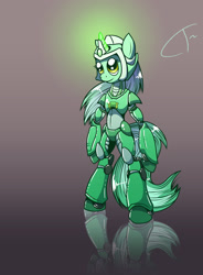 Size: 1024x1395 | Tagged: safe, artist:cybertoaster, character:lyra heartstrings, species:pony, species:unicorn, armor, bipedal, crossover, female, glow, glowing horn, megaman, megaman x, megamare x, ponified, semi-anthro, smiling, solo