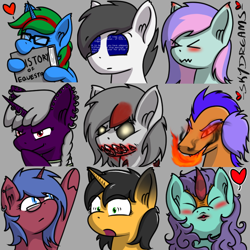 Size: 768x768 | Tagged: safe, artist:skydreams, patreon reward, oc, oc:blissy, oc:dioxin, oc:domino, oc:lady foxtrot, oc:move, oc:scaramouche, oc:searing cold, oc:sparky showers, oc:wander bliss, species:alicorn, species:bat pony, species:changeling, species:dragon, species:earth pony, species:kirin, species:pegasus, species:pony, species:unicorn, g4, bat pony alicorn, bat wings, bloody mouth, blue screen of death, blushing, blushing ears, body horror, book, breathing fire, disguise, disguised changeling, dyed mane, ear piercing, emoji, emotes, evil grin, eyes closed, fire, glasses, glowing eyes, grin, heart, horn, horn piercing, industrial piercing, jewelry, kissing, nerd, nom, patreon, piercing, pointing, scrunchy face, shocked, shocked expression, smiling, smirk, wings, yellow eyes