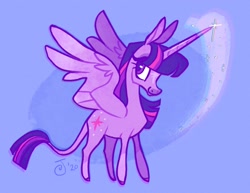 Size: 2048x1583 | Tagged: safe, artist:janegumball, character:twilight sparkle, character:twilight sparkle (alicorn), species:alicorn, species:pony, g4, glowing horn, high res, looking back, magic, smiling, solo, sparkles, spread wings, standing, wings