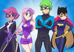 Size: 1100x773 | Tagged: safe, artist:riouku, character:apple bloom, character:scootaloo, character:spike, character:sweetie belle, g4, batgirl, costume, halloween, humanized, huntress, nightwing, starfire