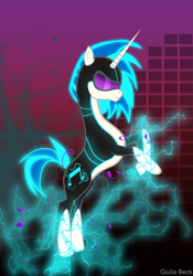Size: 1347x1920 | Tagged: safe, artist:giuliabeck, character:dj pon-3, character:vinyl scratch, corrupted, electricity, female, solo