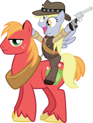 Size: 1378x1815 | Tagged: safe, artist:smashinator, character:big mcintosh, character:derpy hooves, species:earth pony, species:pegasus, species:pony, clothing, colt single action army, crossover, cute, derpabetes, female, frown, glare, gun, hat, hoof hold, looking at you, male, mare, open mouth, ponies riding ponies, red dead redemption, revolver, riding, simple background, smiling, stallion, transparent background, unamused, vector, weapon