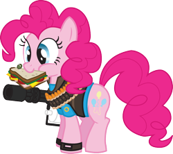 Size: 826x734 | Tagged: safe, artist:smashinator, character:pinkie pie, species:earth pony, species:pony, g4, clothing, crossover, female, heavy weapons pie, mare, minigun, ponies eating meat, sandvich, sandwich, simple background, solo, team fortress 2, transparent background, uniform, vector, weapon